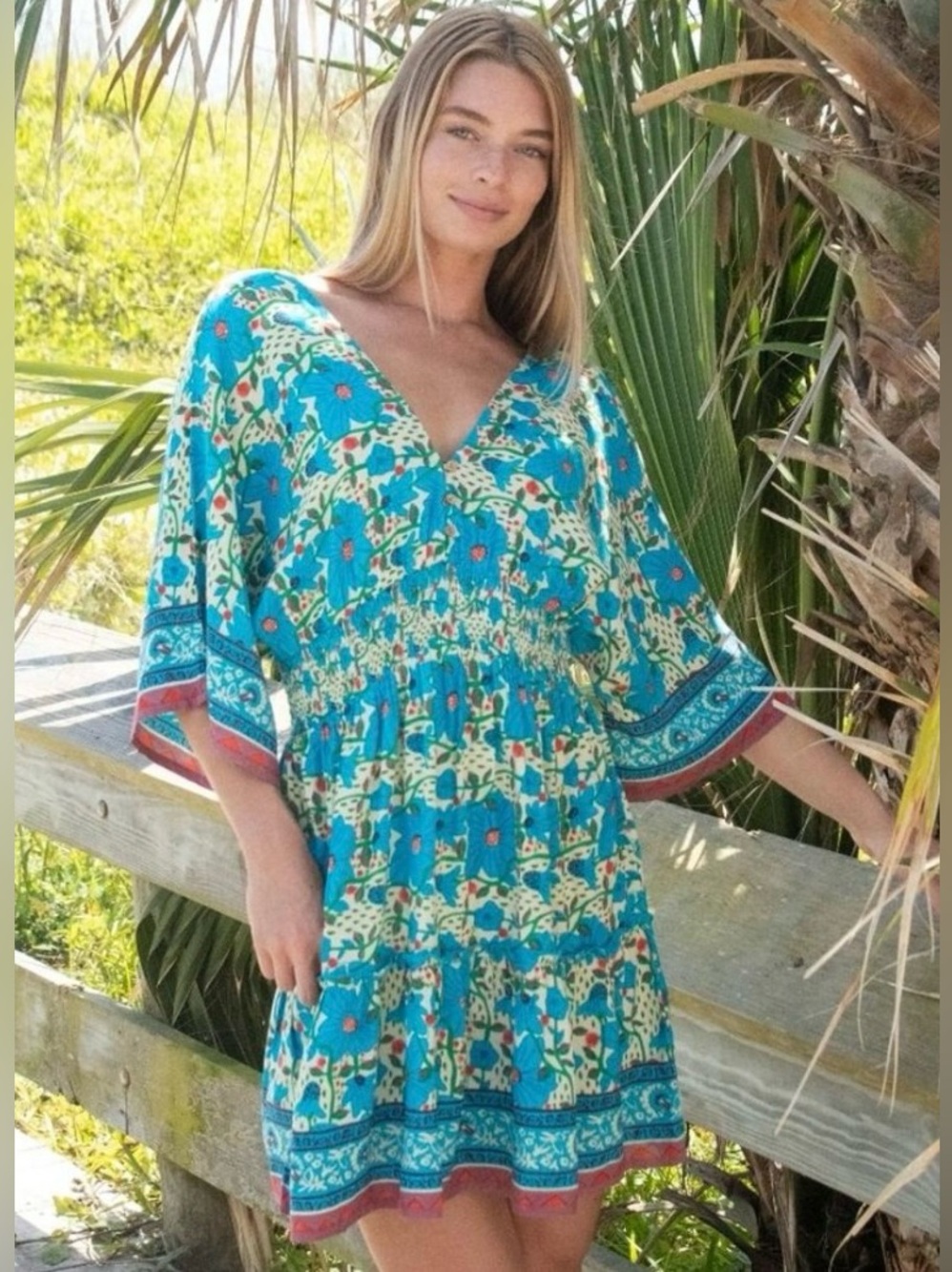Natural Life Celia Mini Dress in Cream Blue Floral Border S
